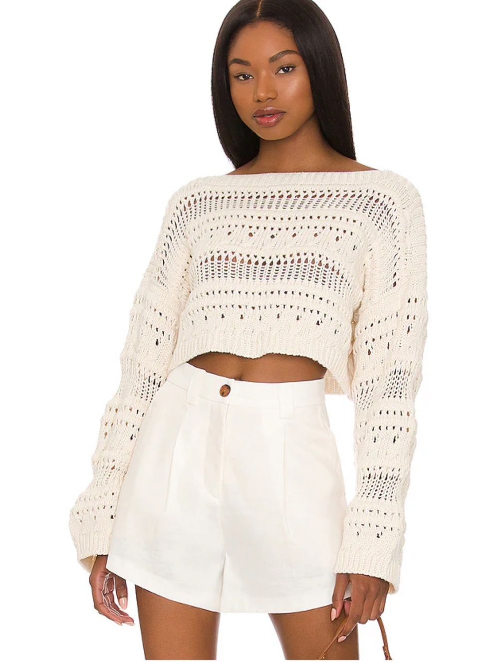 Tularosa Cream Off-the-Shoulder Crochet Crop Sweater